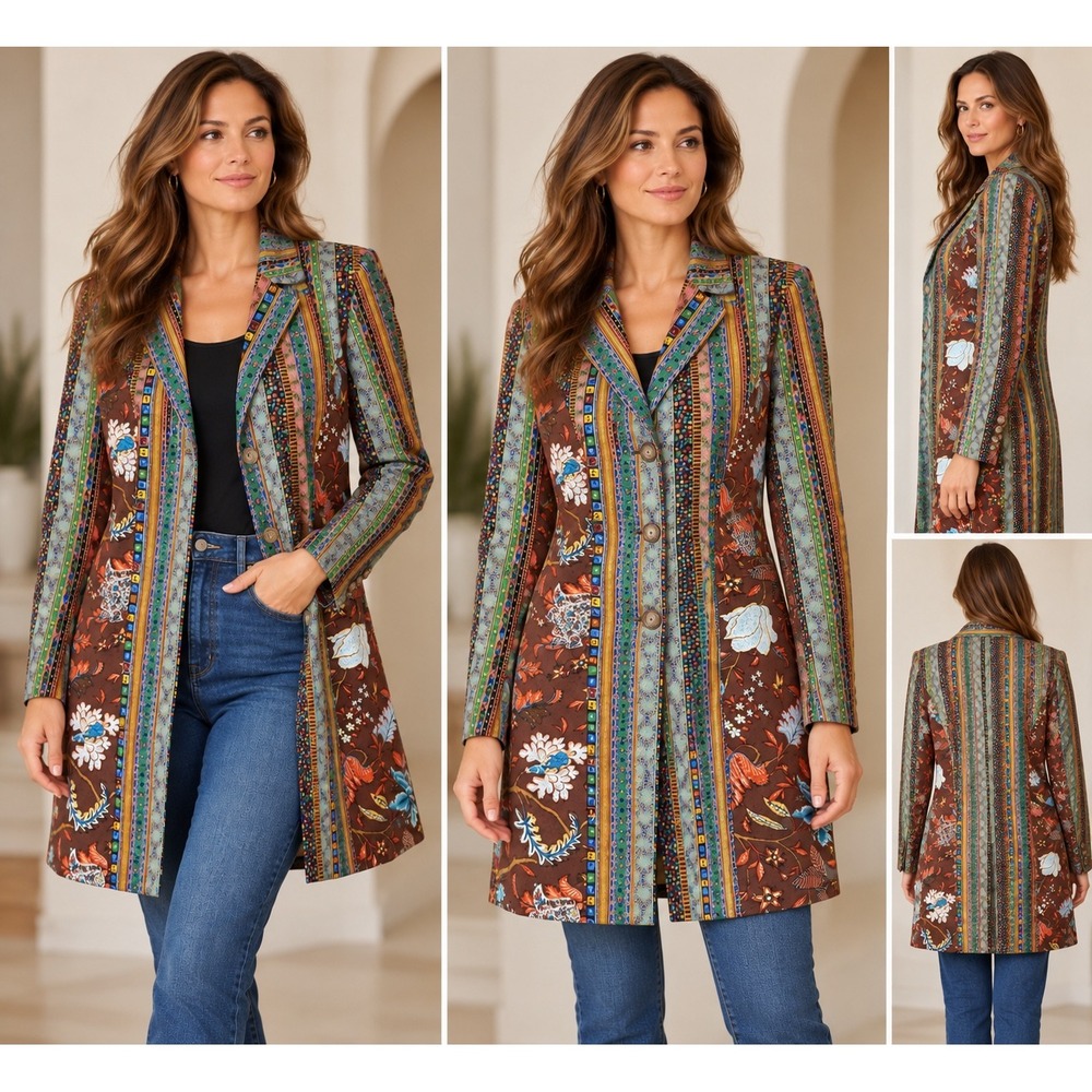 Womens Opera Coat Long Jacket L Brown Floral Geometric Mixed Print Artsy Boho
